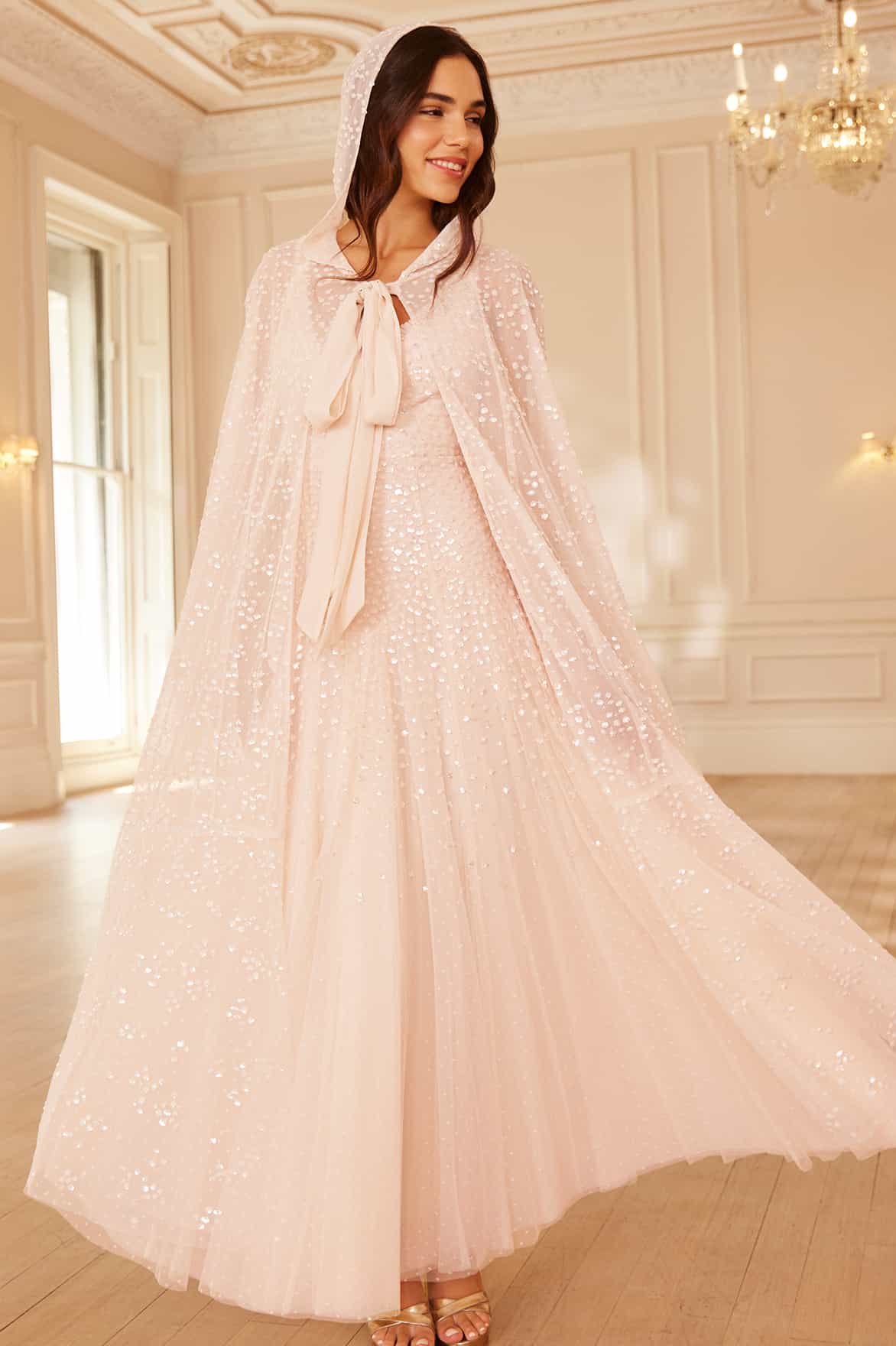 Dappled Sequin Hooded Long Cape