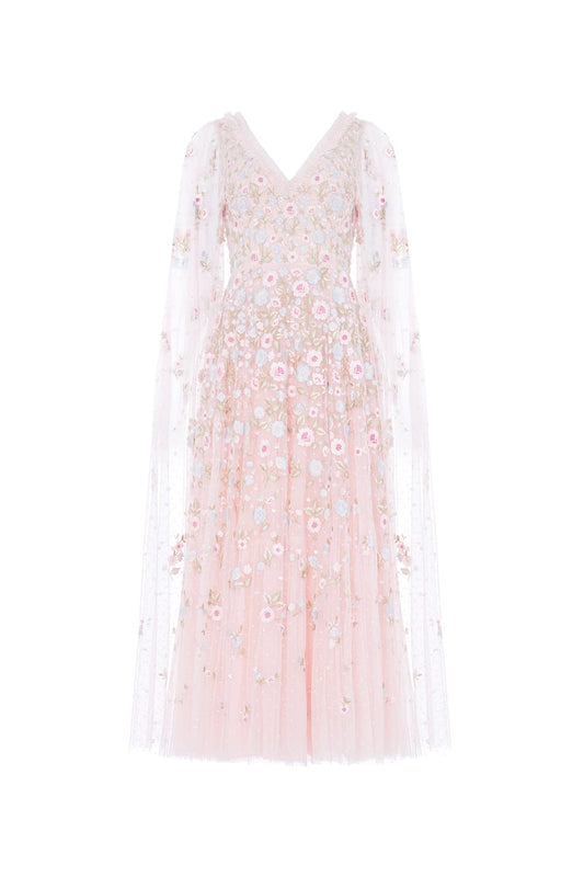Ethereal Blooms Cape Sleeve Ankle Gown