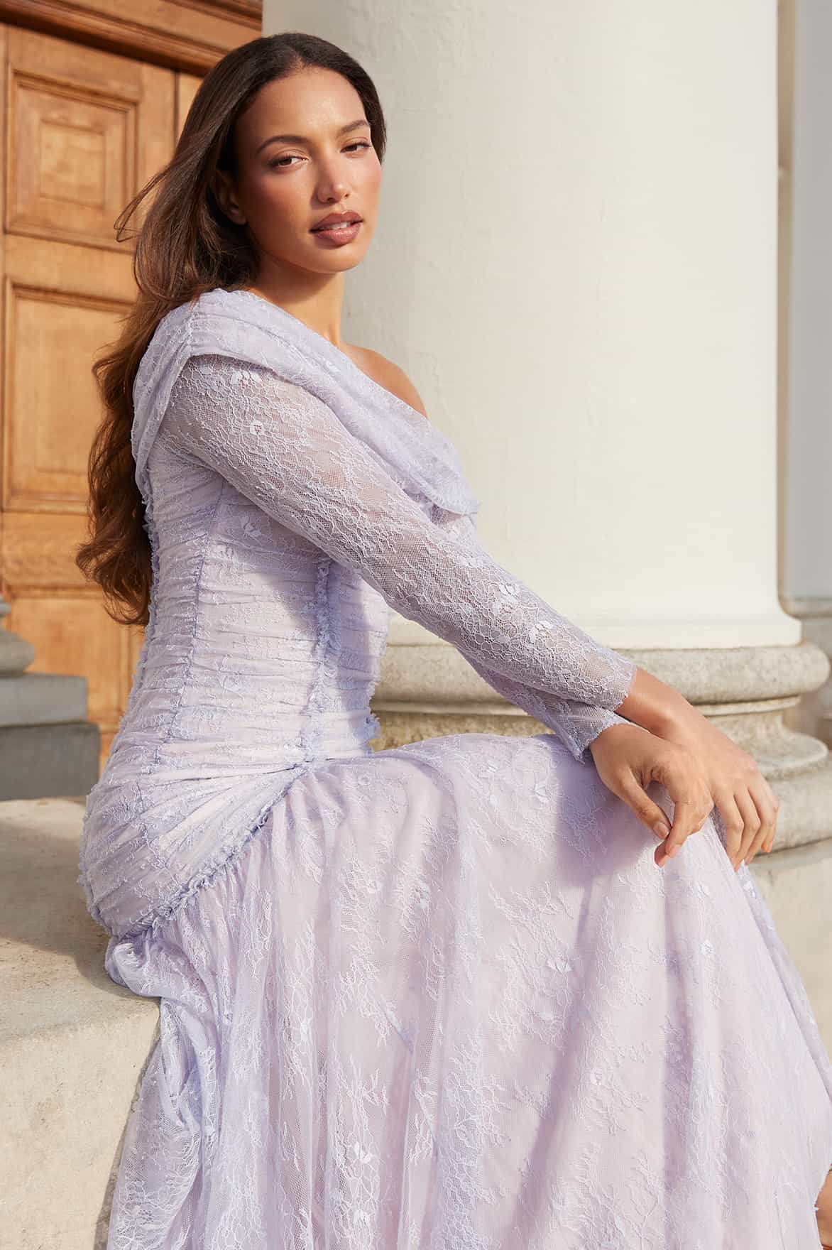Gigi Lace One-Shoulder Rouched Gown