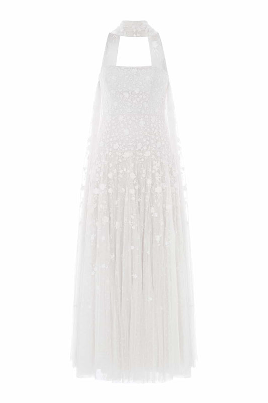 Lea Ditsy Strapless Cape Gown