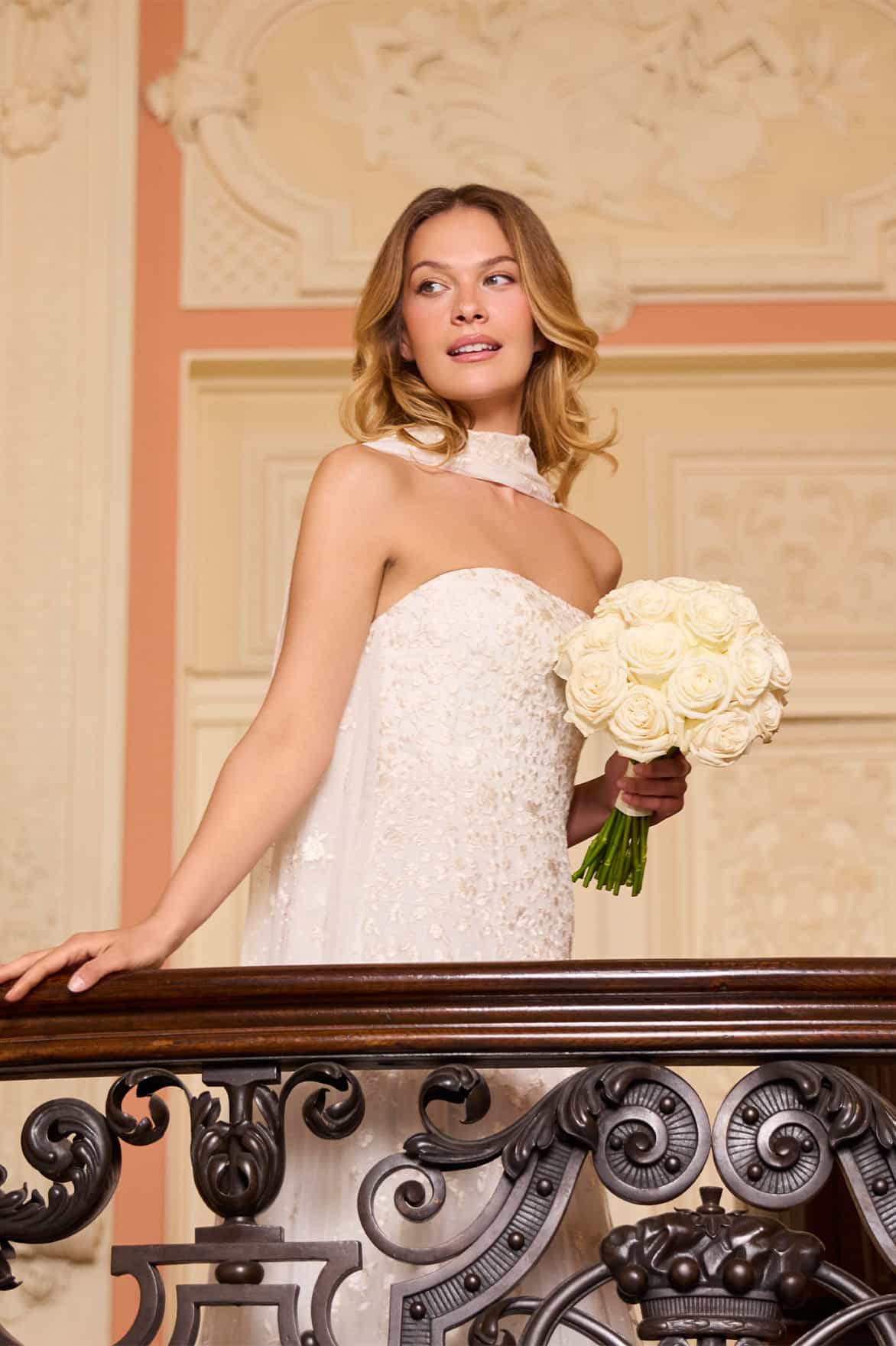Lea Ditsy Strapless Cape Gown