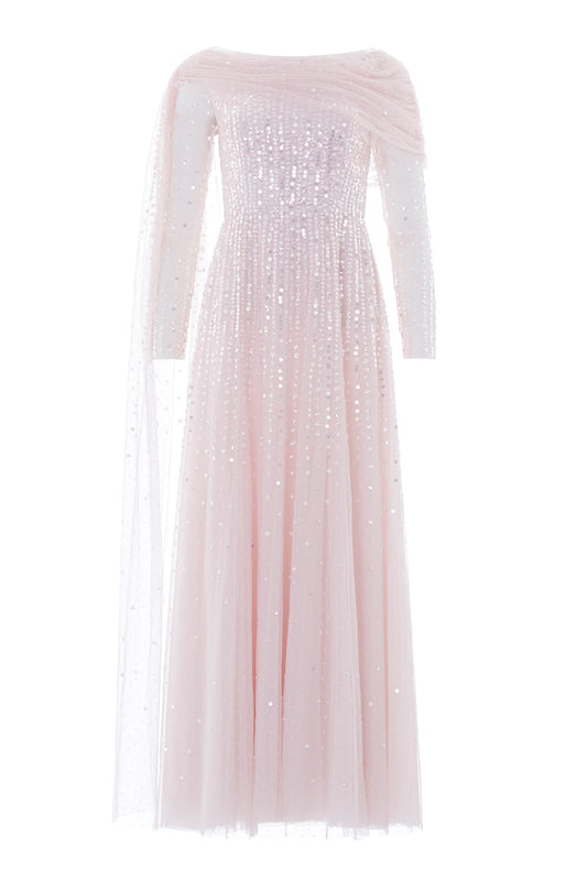 Moonlight Sequin Draped Long Sleeve Gown