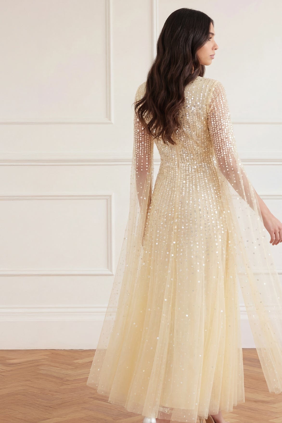 Moonlight Sequin V-Neck Cape Sleeve Ankle Gown