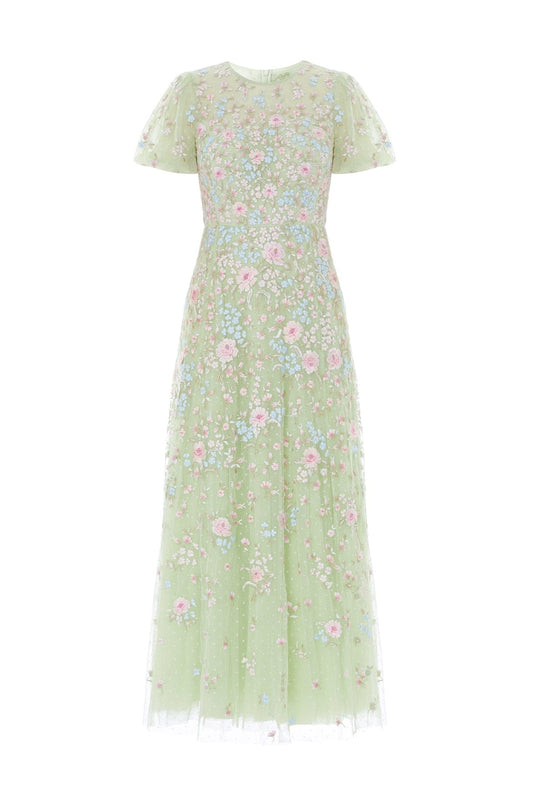 Peony Bouquet Round Neck Ankle Gown