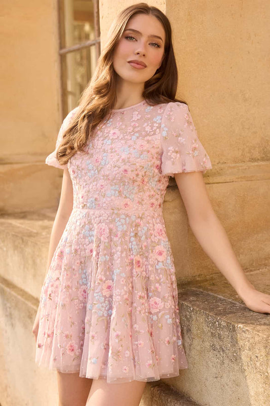 Peony Bouquet Round Neck Micro Mini Dress