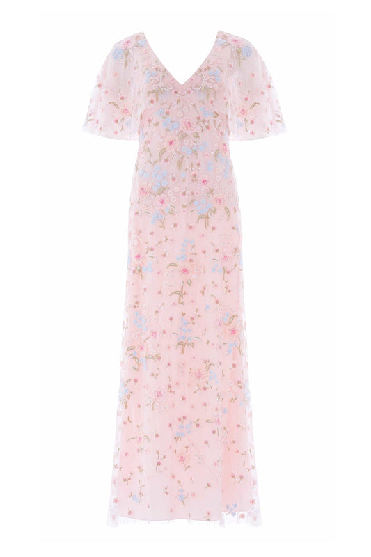 Peony Bouquet V-Neck Cape Gown