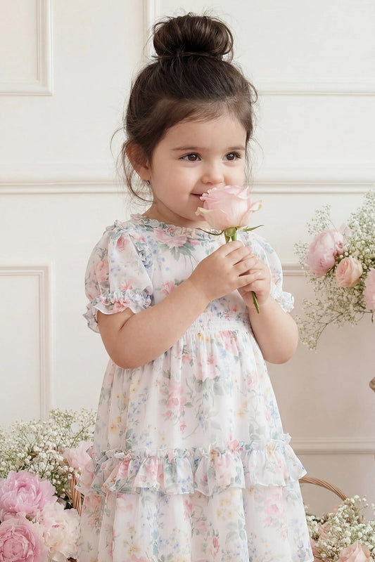 Pompadour Garden Chiffon Smocked Baby Dress