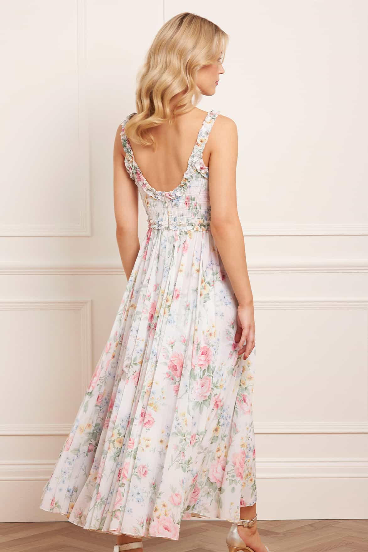 Pompadour Garden Chiffon Smocked Cami Ankle Gown