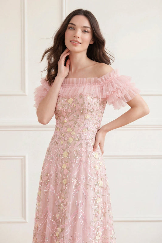 Ribbon Heart Off-Shoulder Ankle Gown