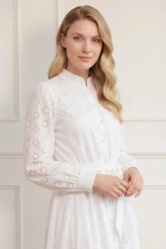 Romilly Cotton Broderie Long Sleeve Shirt Dress