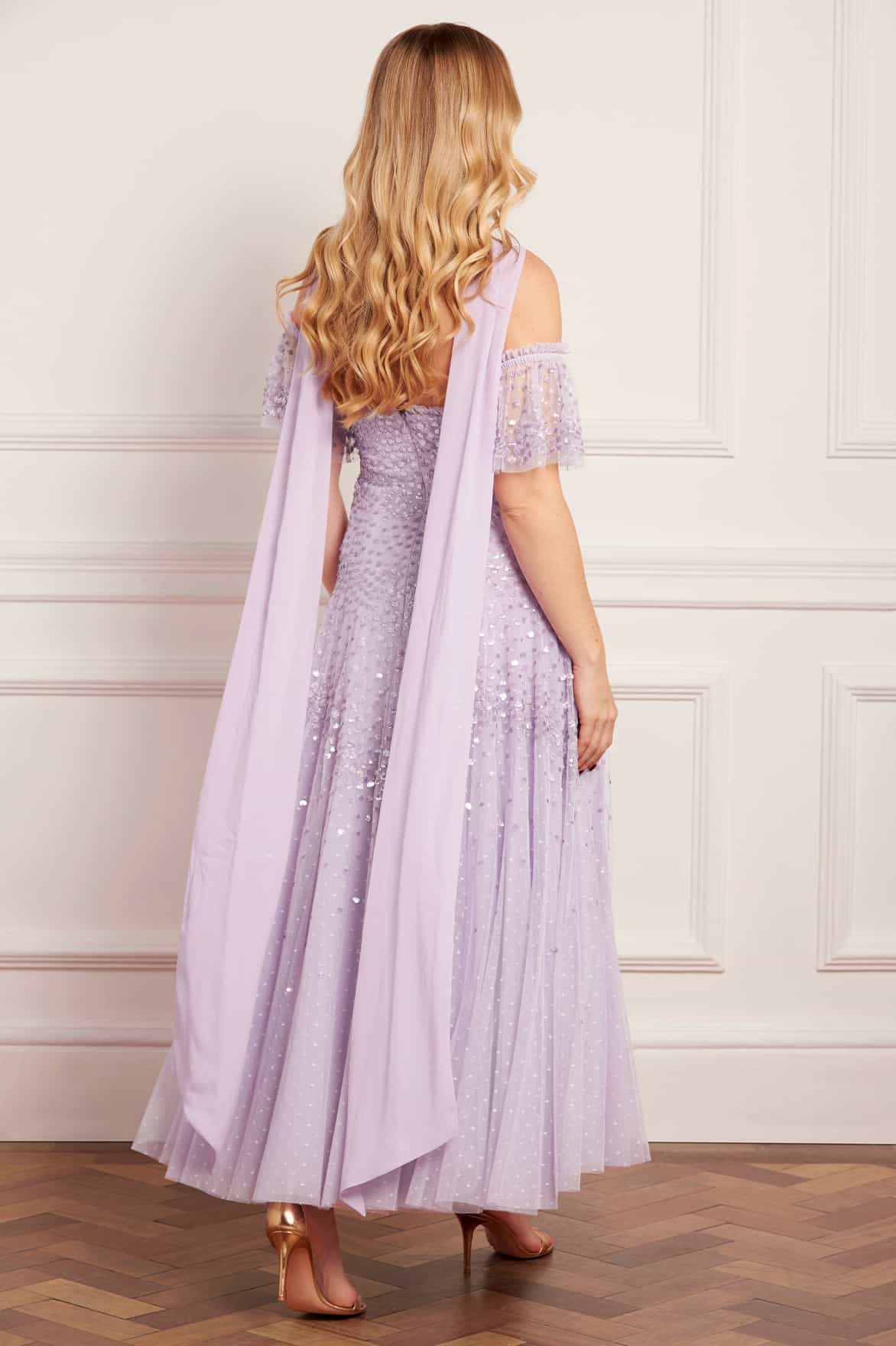 Scallop Sequin Halter-Neck Ankle Gown