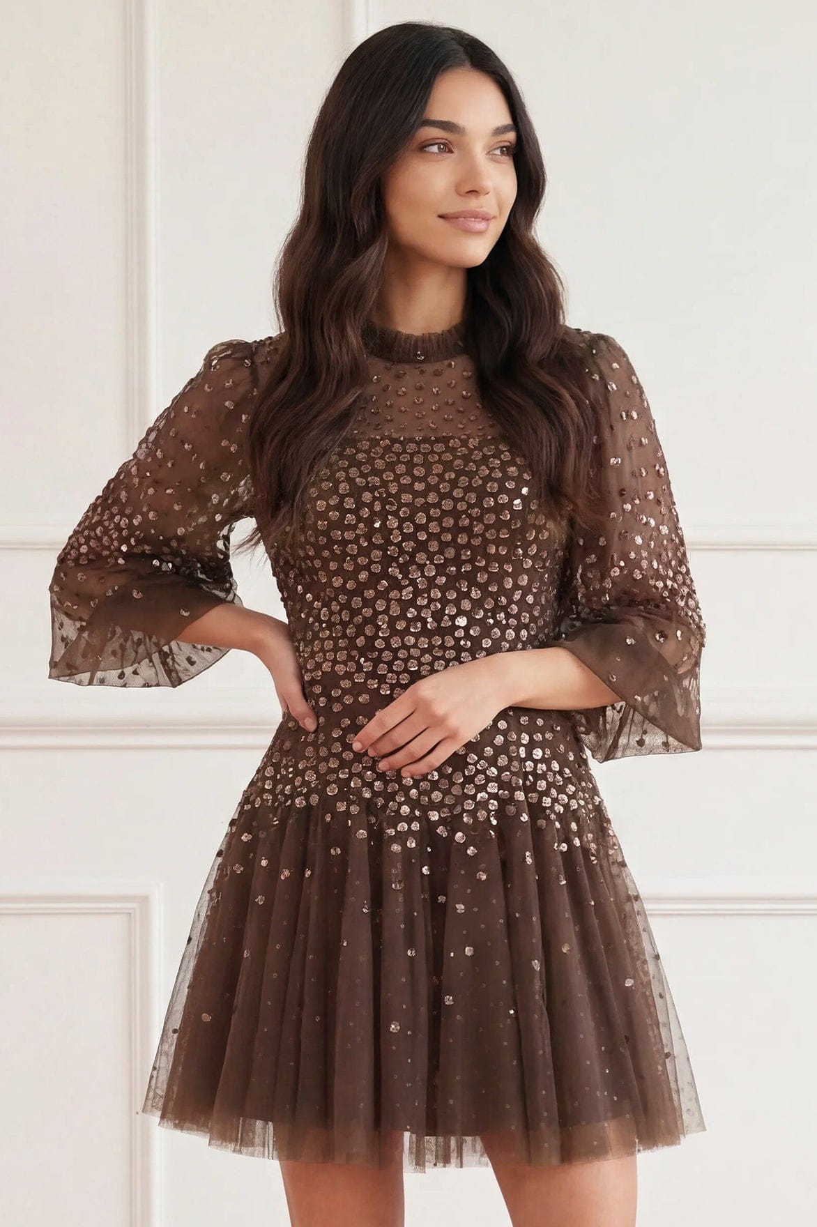 Scallop Sequin Round Neck Micro Mini Dress