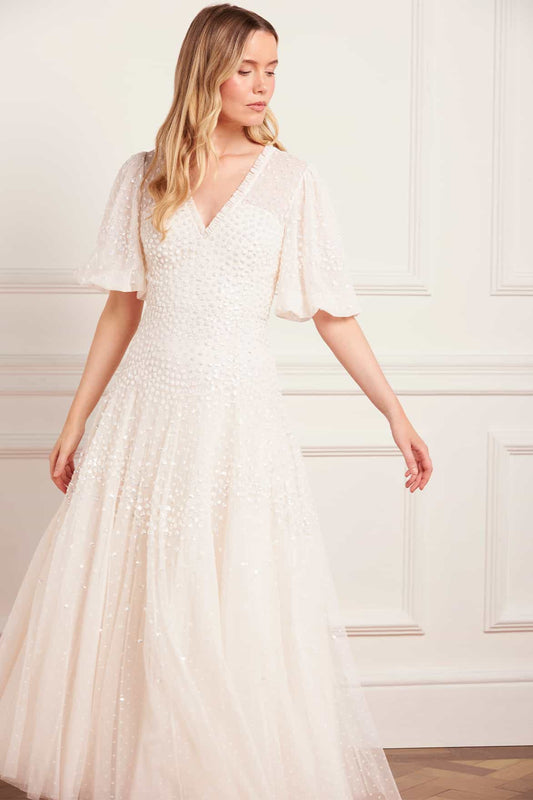 Scallop Sequin V-Neck Ankle Gown