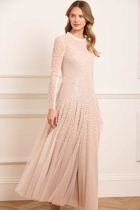 Sequin Cascade Round Neck Gown