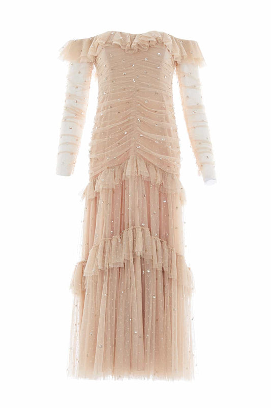 Sequin Glimmer Rouched Off-Shoulder Gown