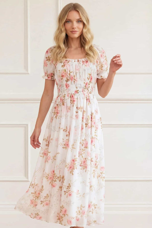 Summer's Rose Shirred Short Sleeve Ballerina Dress