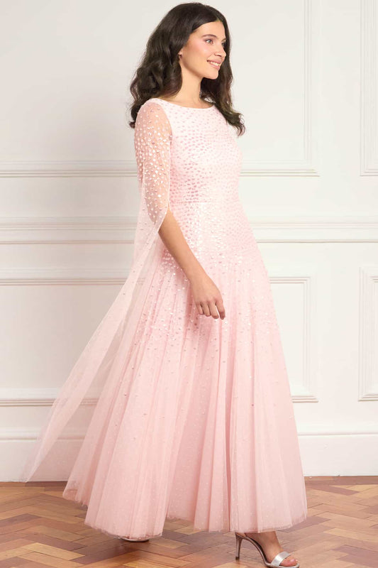 Sunrise Sequin Cape Sleeve Ankle Gown