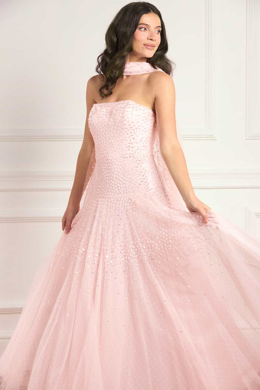 Sunrise Sequin Strapless Cape Gown