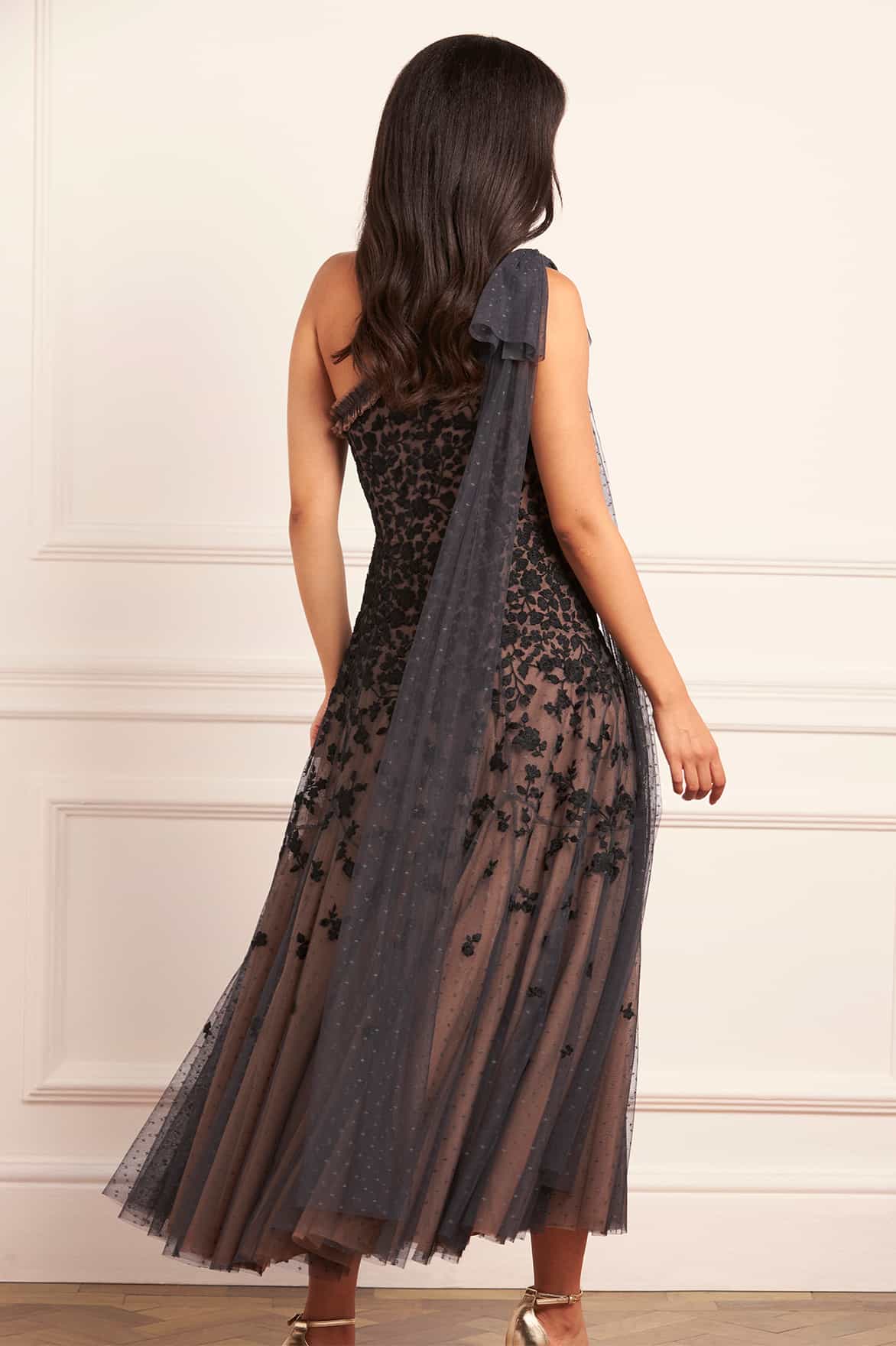 Sylvia Rose One-Shoulder Bow Ankle Gown