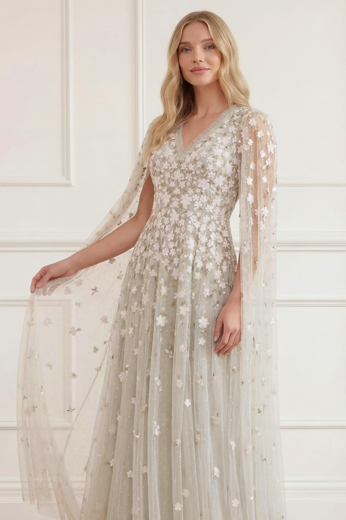 Camellia Ditsy Cape Sleeve Ankle Gown