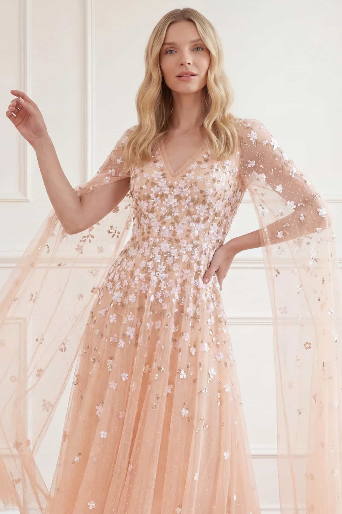 Camellia Ditsy Cape Sleeve Ankle Gown