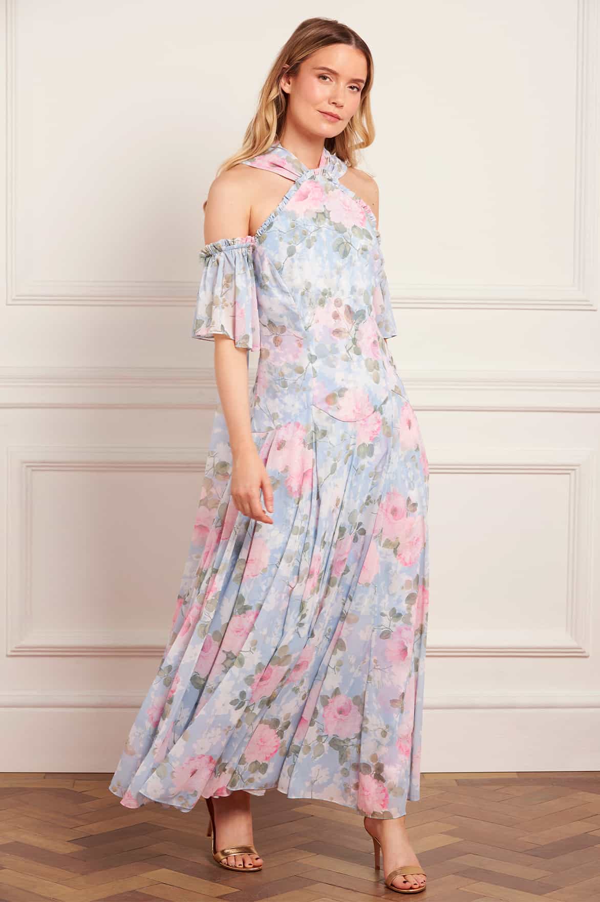 Camille's Garden Georgette Halter-Neck Ankle Gown