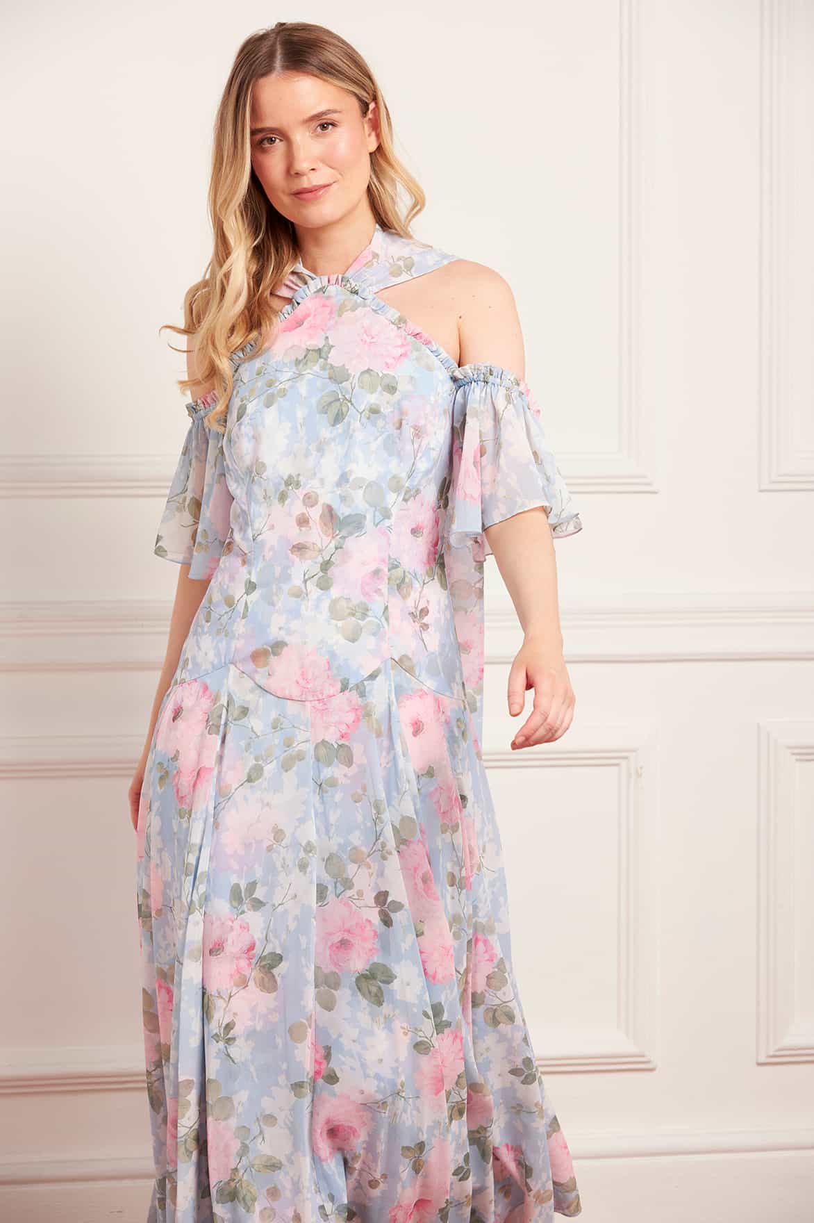 Camille's Garden Georgette Halter-Neck Ankle Gown