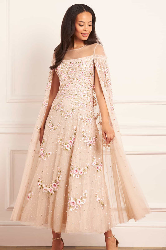 Crescent Roses Cape Ankle Gown