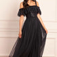 Dappled Sequin Bodice Off-Shoulder Ankle Gown