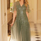 Dappled Sequin Cape Ankle Gown