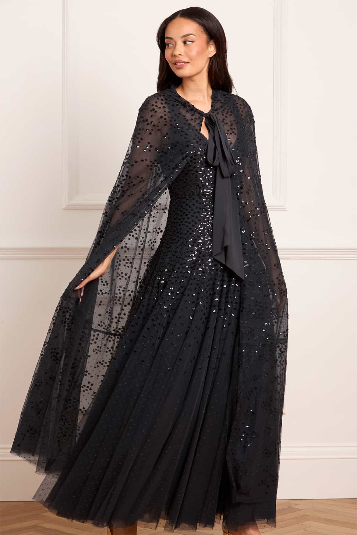 Dappled Sequin Hooded Long Cape