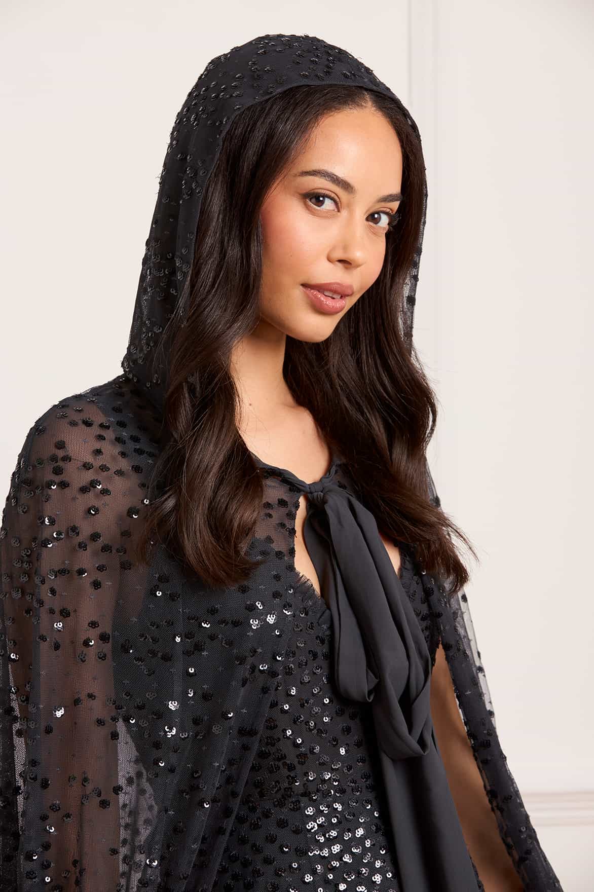 Dappled Sequin Hooded Long Cape