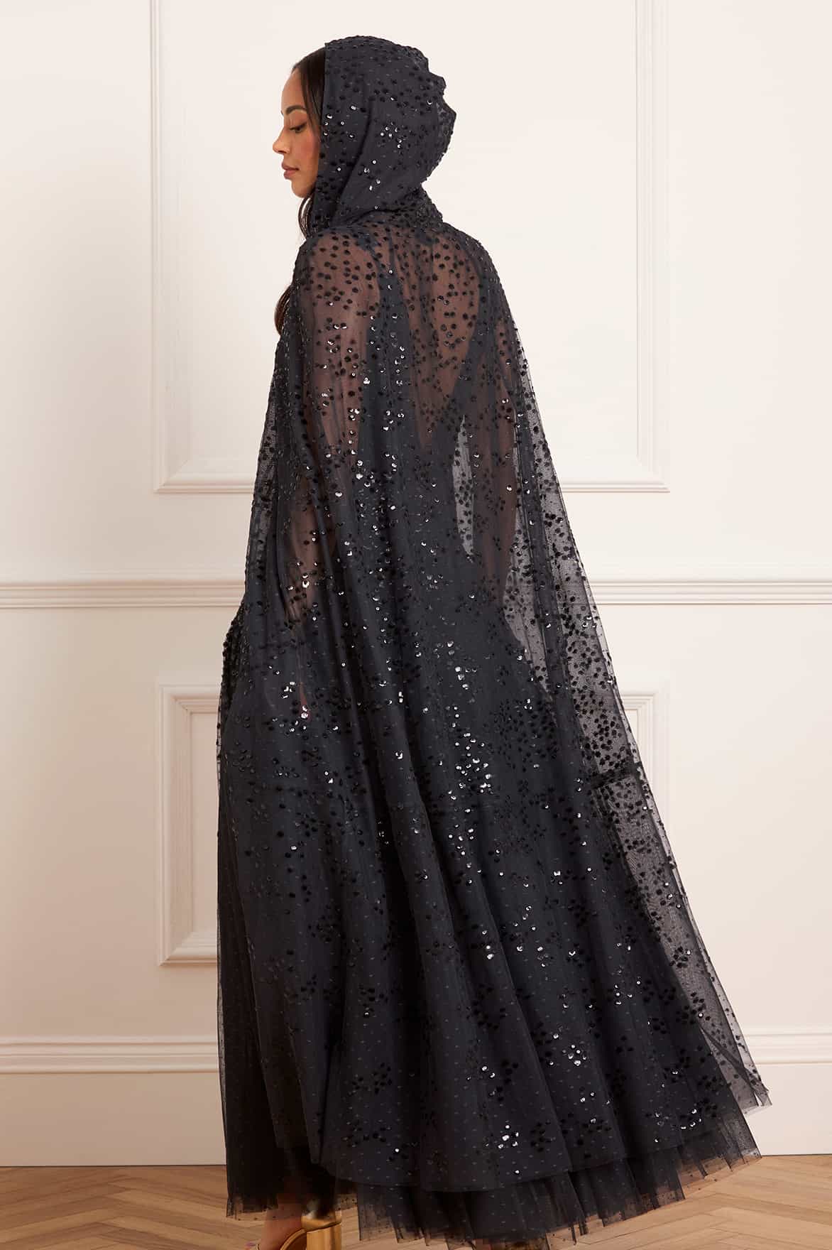 Dappled Sequin Hooded Long Cape