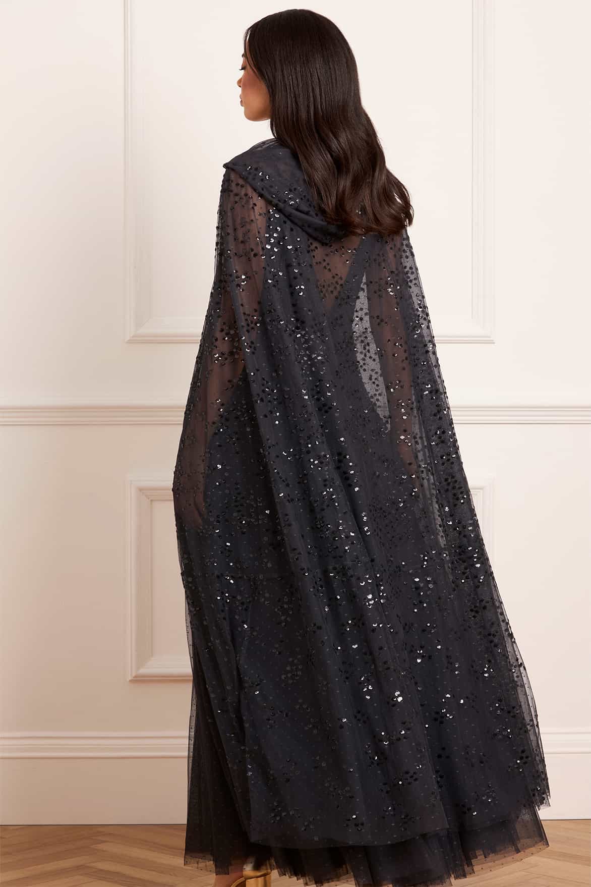Dappled Sequin Hooded Long Cape