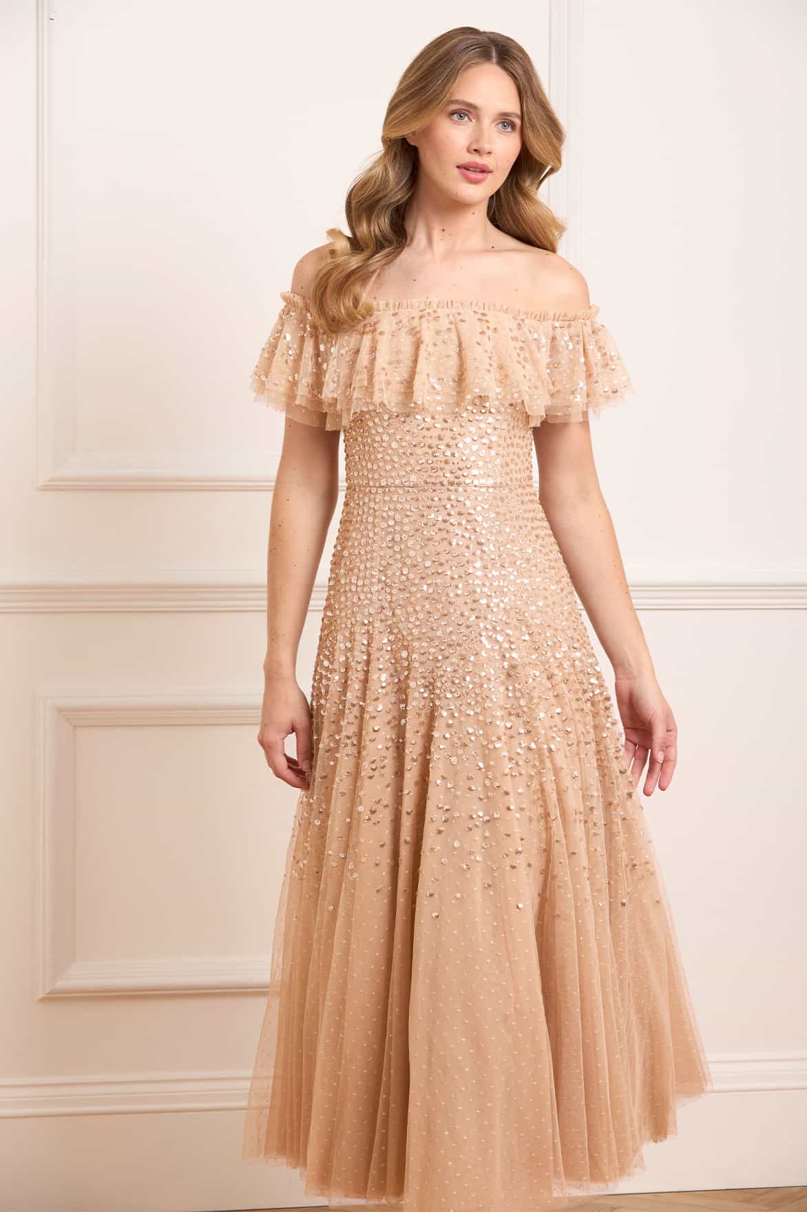 Dappled Sequin Off-Shoulder Ankle Gown