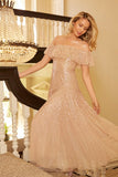Dappled Sequin Off-Shoulder Ankle Gown