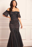 Dappled Sequin Rouched Off-Shoulder Gown