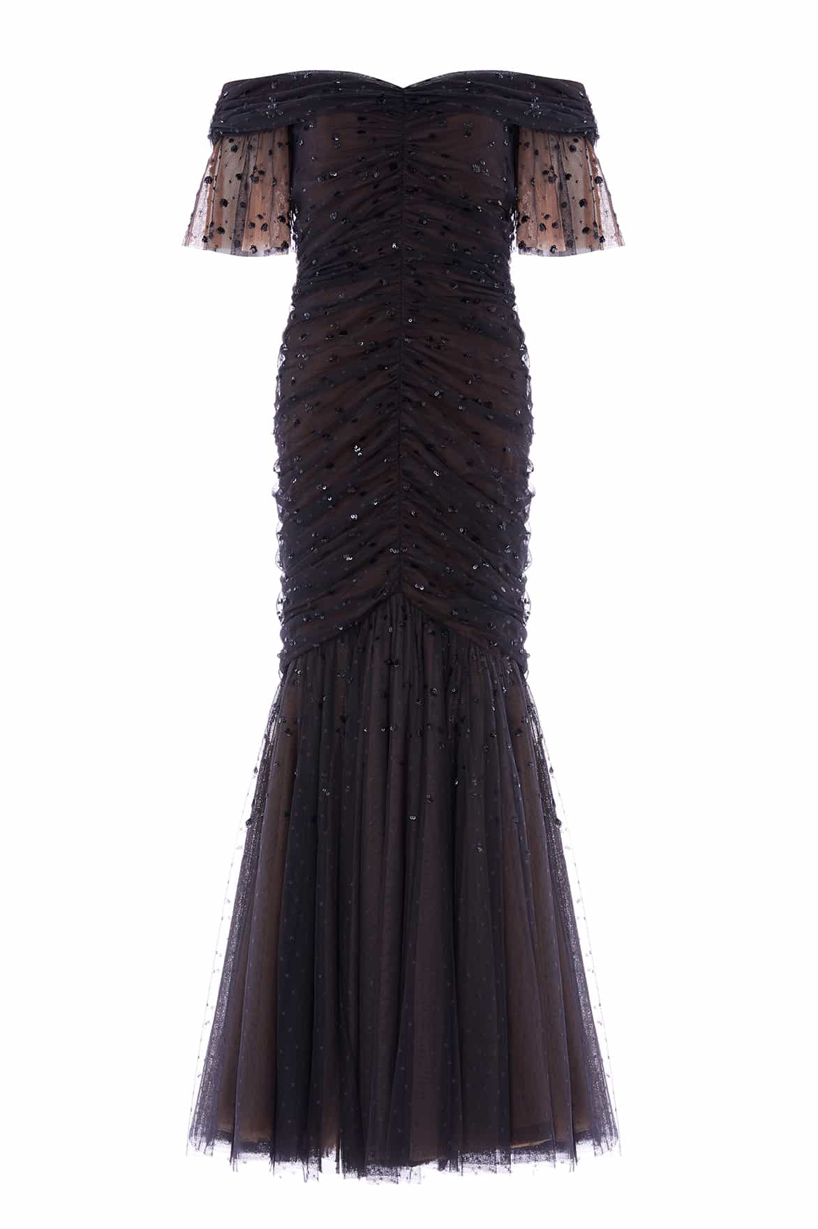 Dappled Sequin Rouched Off-Shoulder Gown