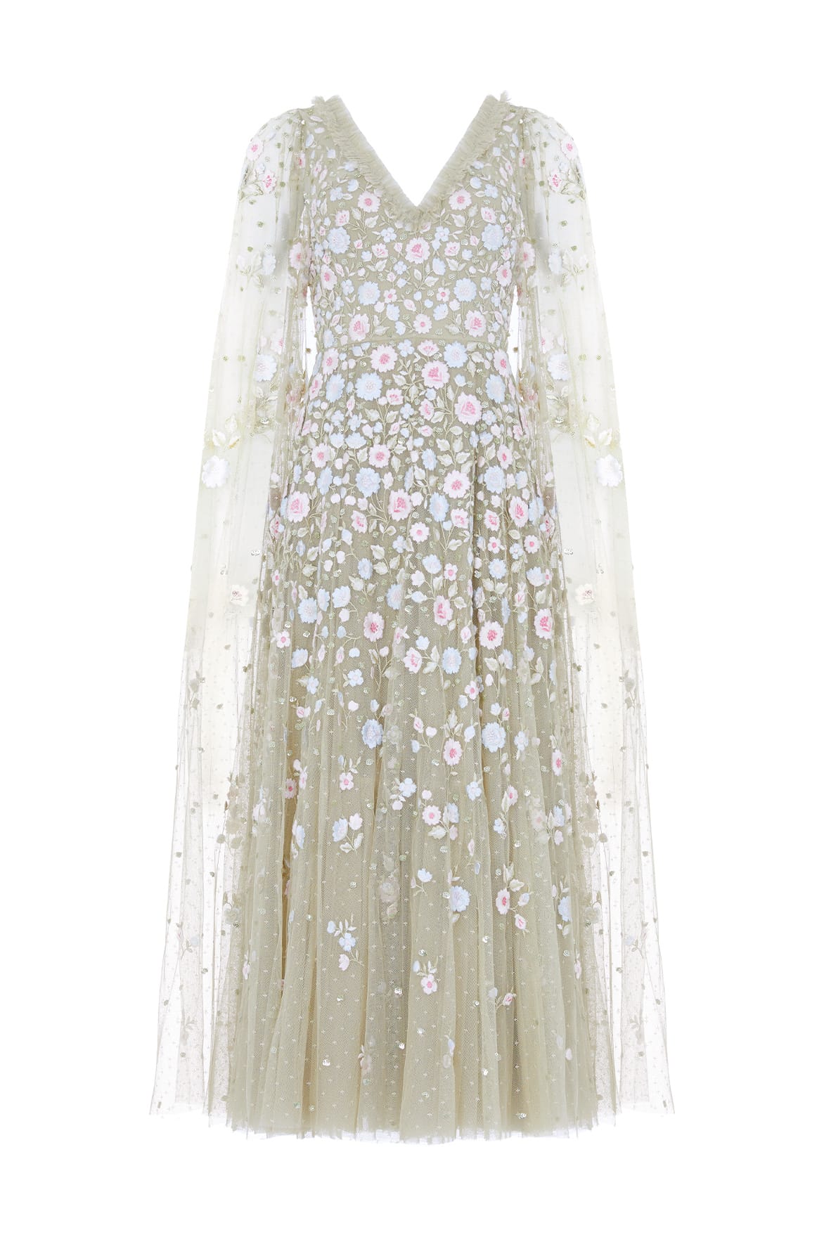 Ethereal Blooms Cape Sleeve Ankle Gown