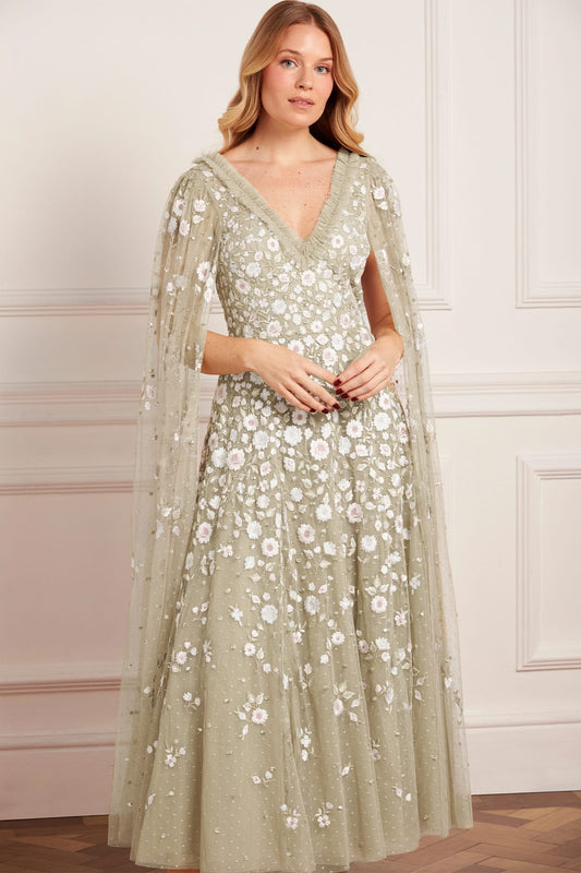 Ethereal Blooms Cape Sleeve Ankle Gown