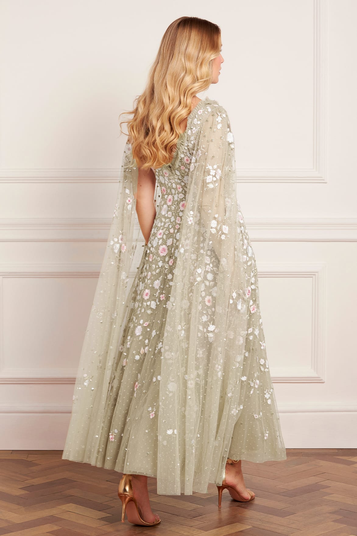 Ethereal Blooms Cape Sleeve Ankle Gown