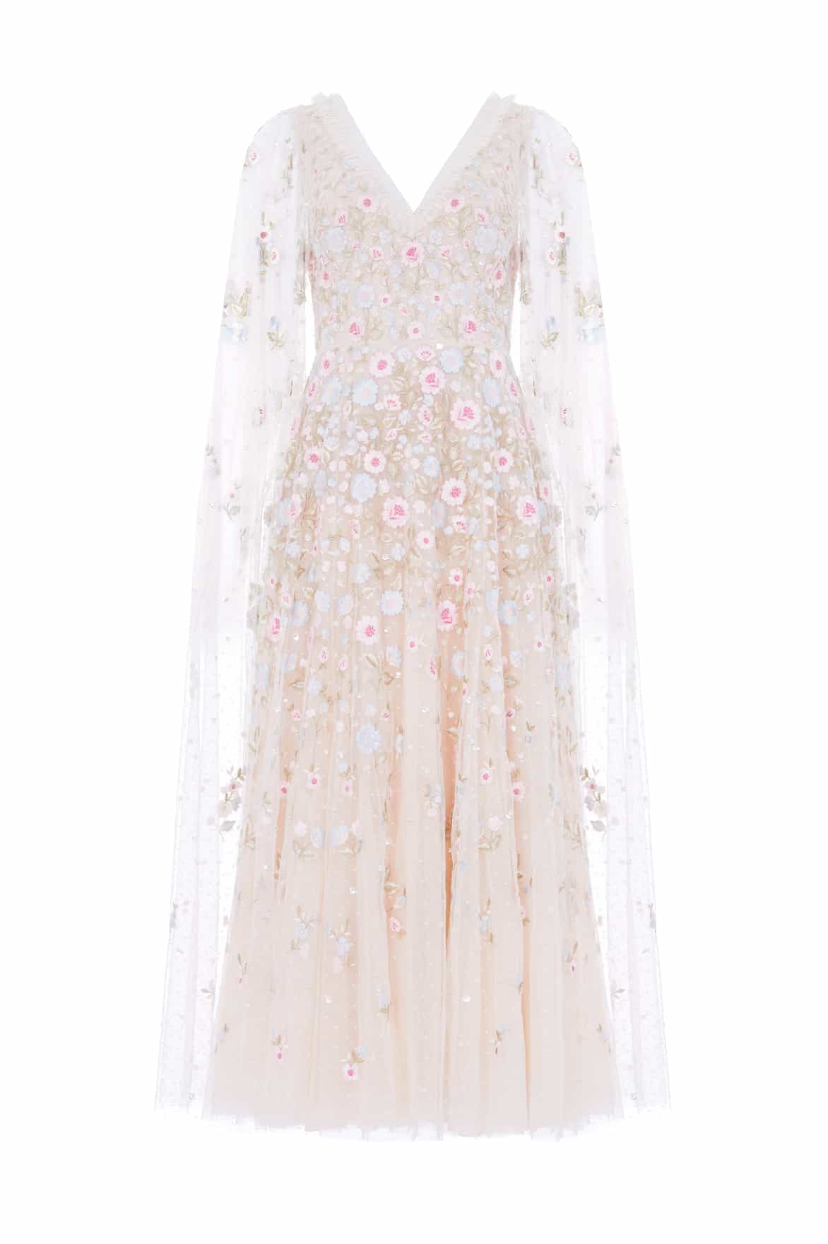 Ethereal Blooms Cape Sleeve Ankle Gown
