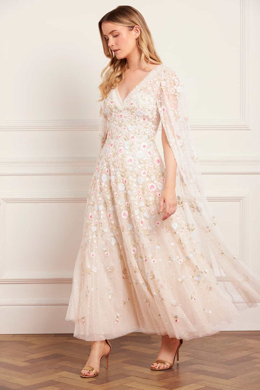 Ethereal Blooms Cape Sleeve Ankle Gown