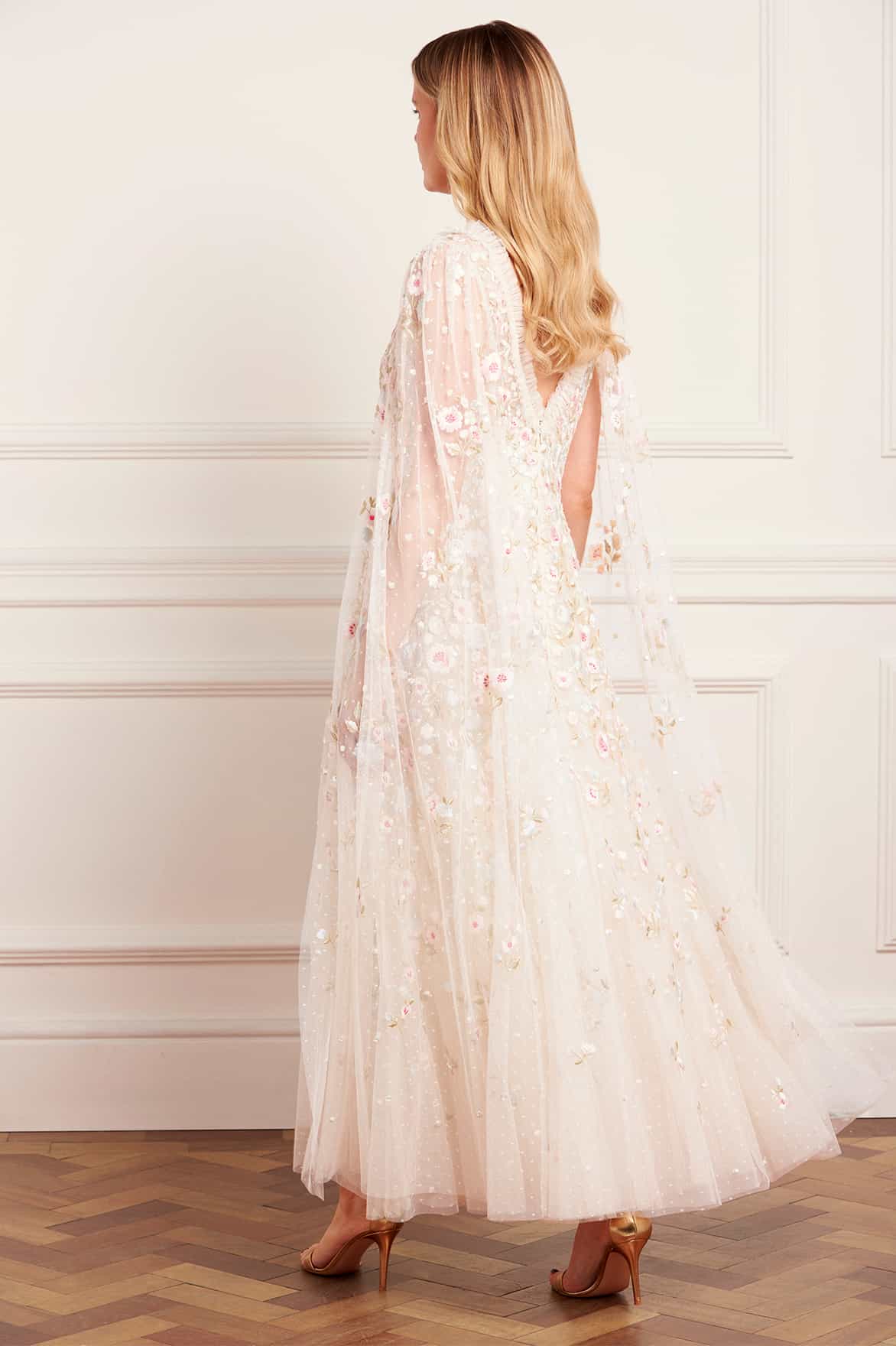 Ethereal Blooms Cape Sleeve Ankle Gown