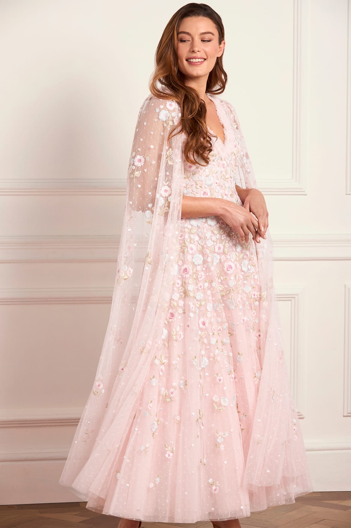 Ethereal Blooms Cape Sleeve Ankle Gown