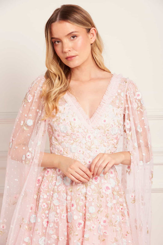 Ethereal Blooms Cape Sleeve Micro Mini Dress