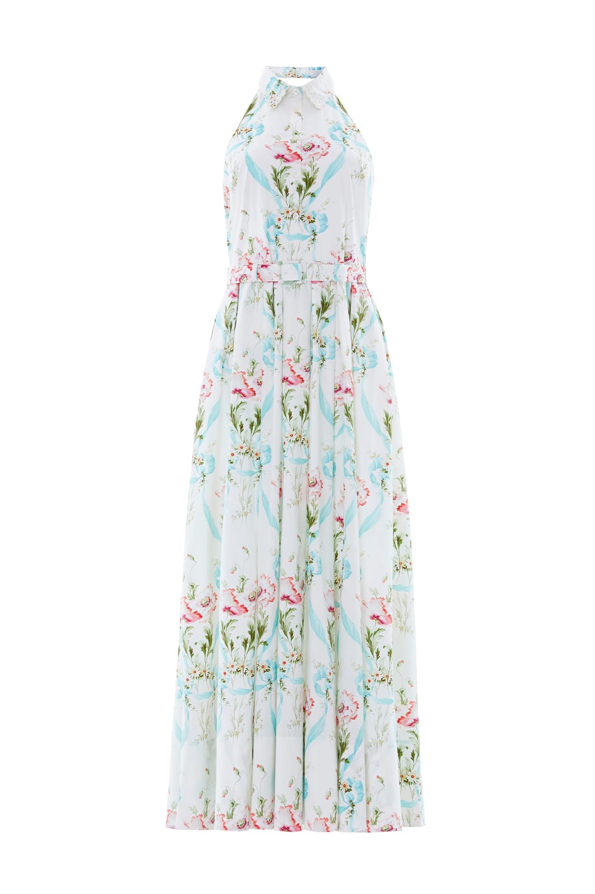 Floral Ribbon Cotton Halter Ankle Gown