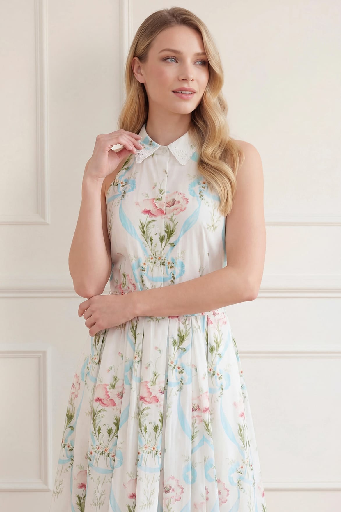 Floral Ribbon Cotton Halter Ankle Gown