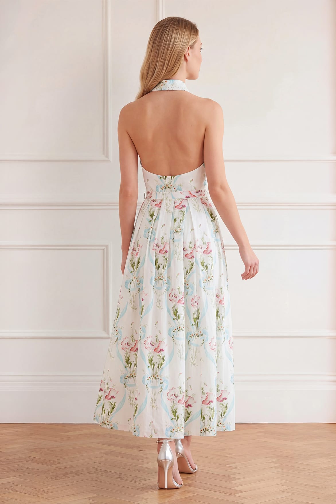 Floral Ribbon Cotton Halter Ankle Gown