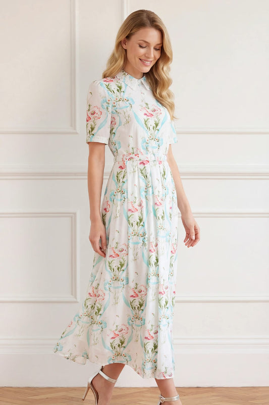 Floral Ribbon Cotton Short Sleeve Ballerina Dress